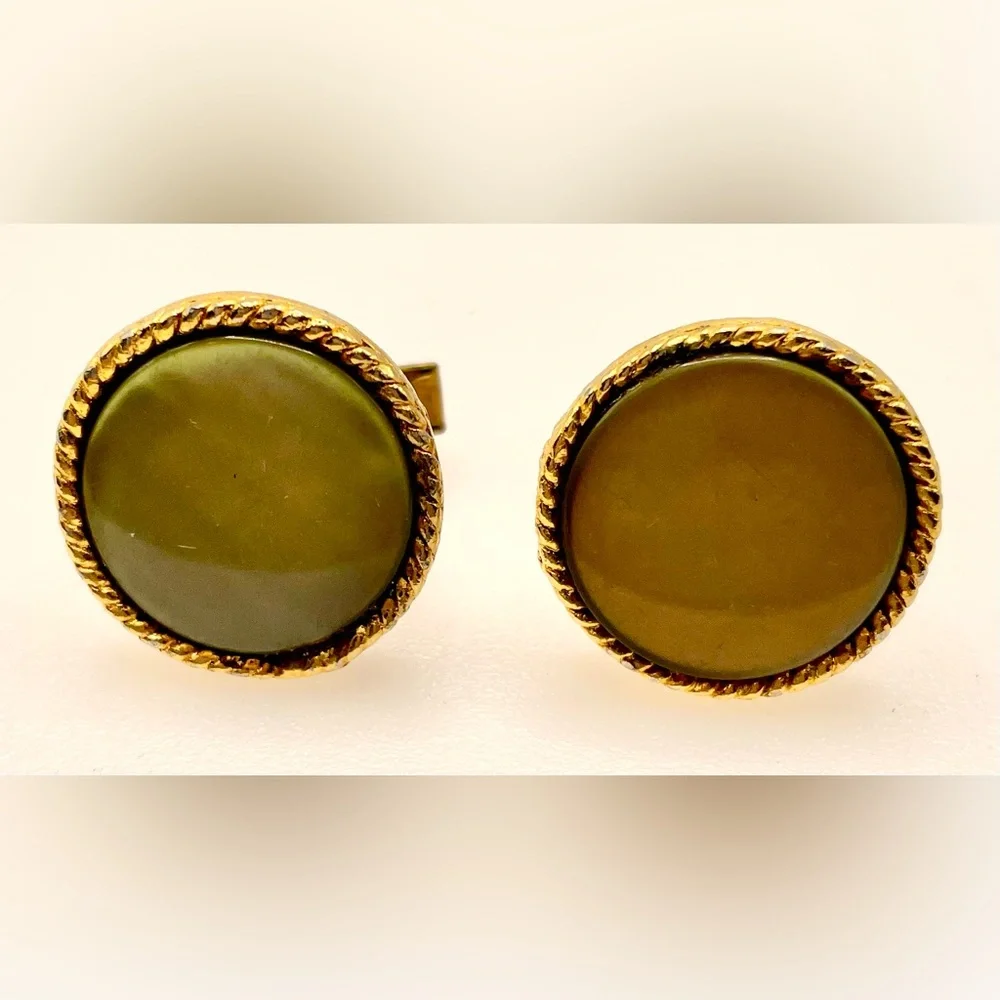 Vintage MCM Gold Tone Round Cufflinks Olive Green Moonglow Lucite